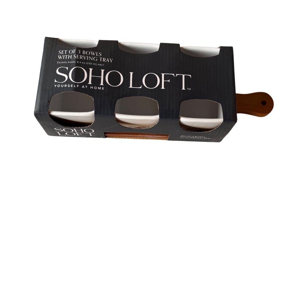 Soho Loft Set Of 3 Ceramic Bowls With Wooden Serving Tray 8.4 Oz Each NIB - Picture 2 of 4